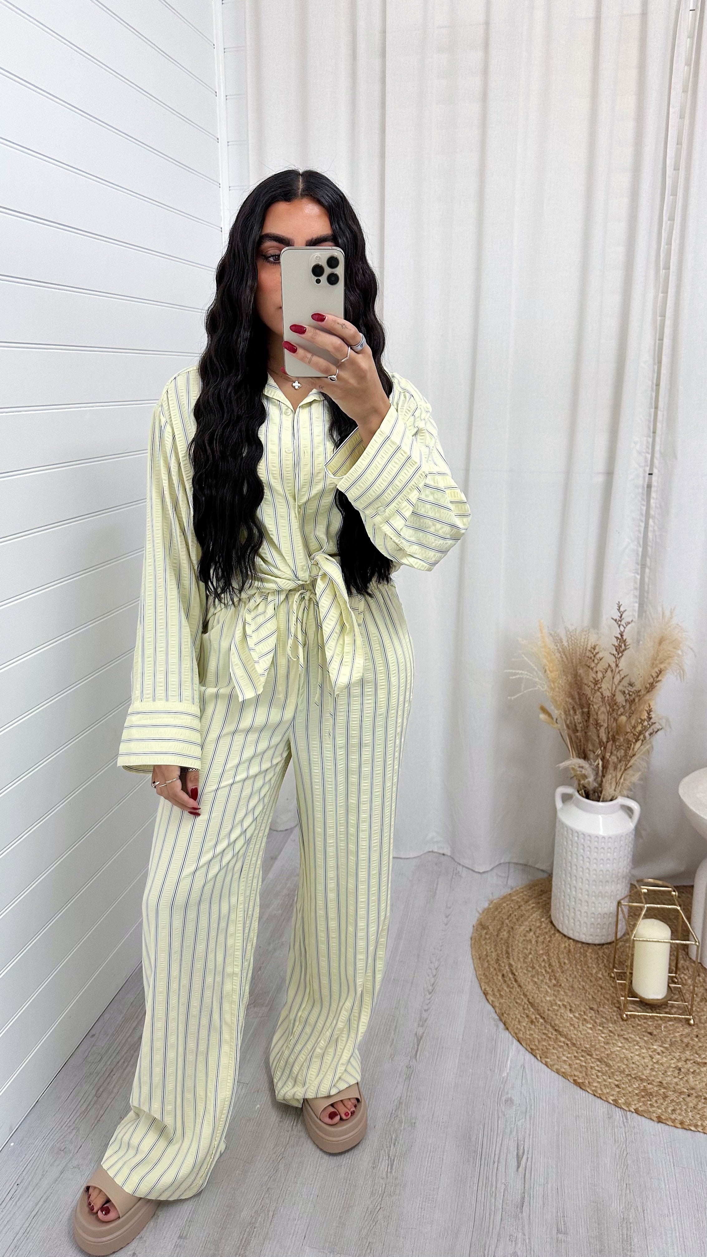Striped Textured Shirt And Trouser Co-Ord - LEMON
