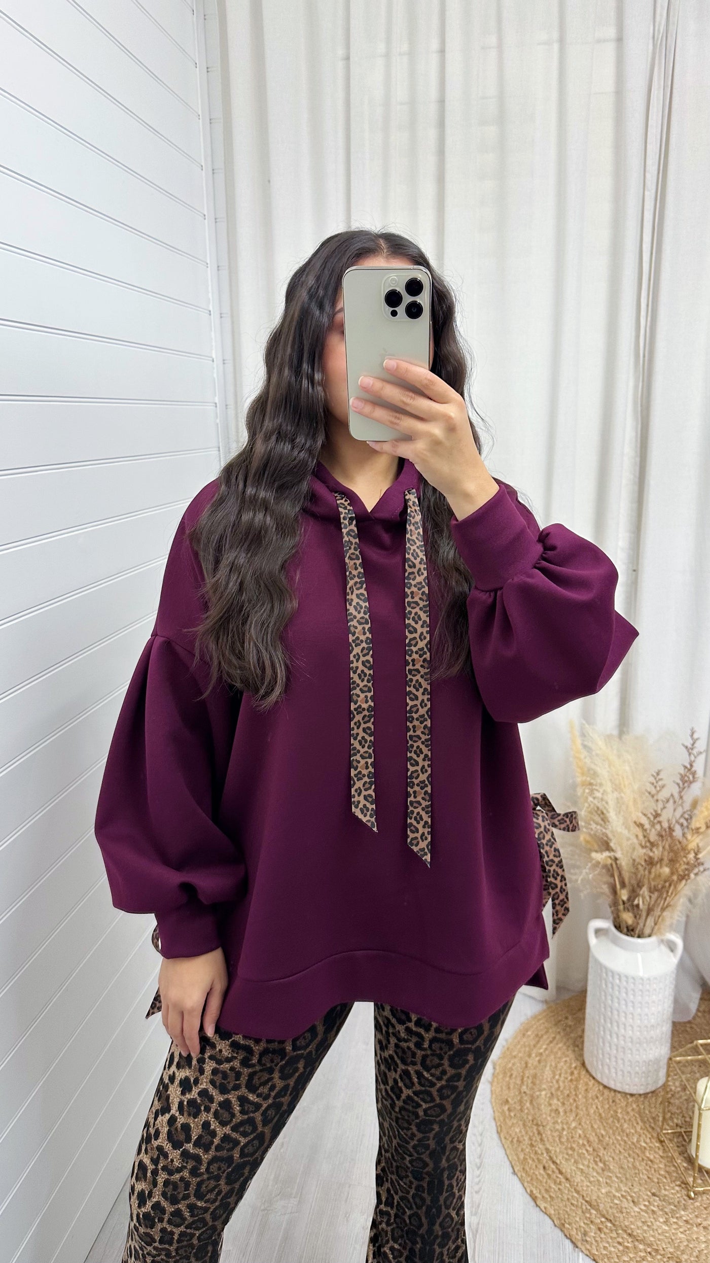 Leopard Print Ribbon Side Slit Hoodie - WINE