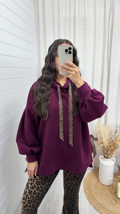 Leopard Print Ribbon Side Slit Hoodie - WINE