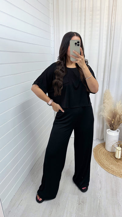 Cropped Loose Fit Top and Trousers Co-Ord - BLACK