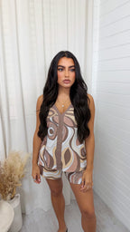 Swirly Shimmer Vest Top and Shorts Co-Ord - BEIGE