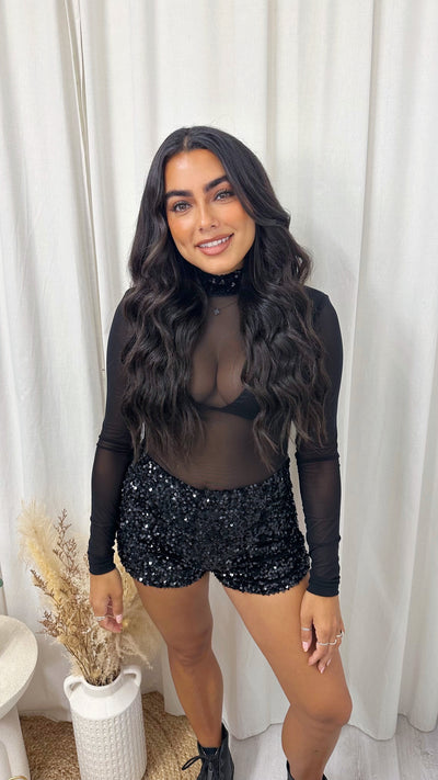 3 Piece Sequin Mesh Bodysuit, Bralette and Shorts Co-Ord - BLACK