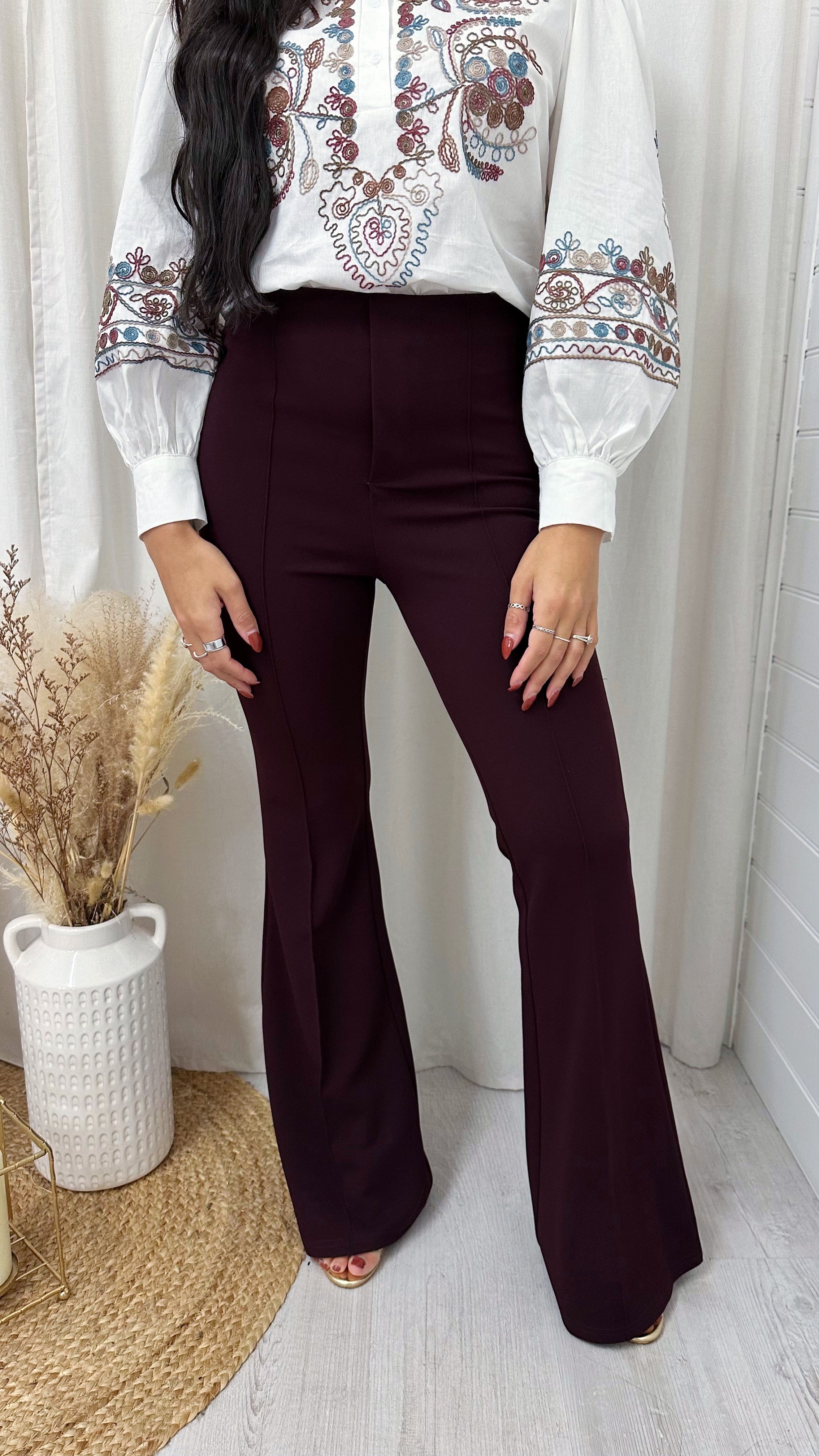 Seam Front Flared Slim Fit Trousers - PLUM
