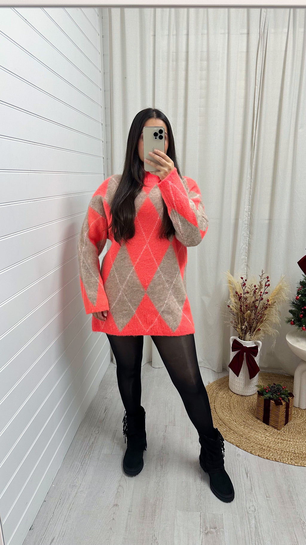 Argyle Woollen Jumper Dress - CORAL