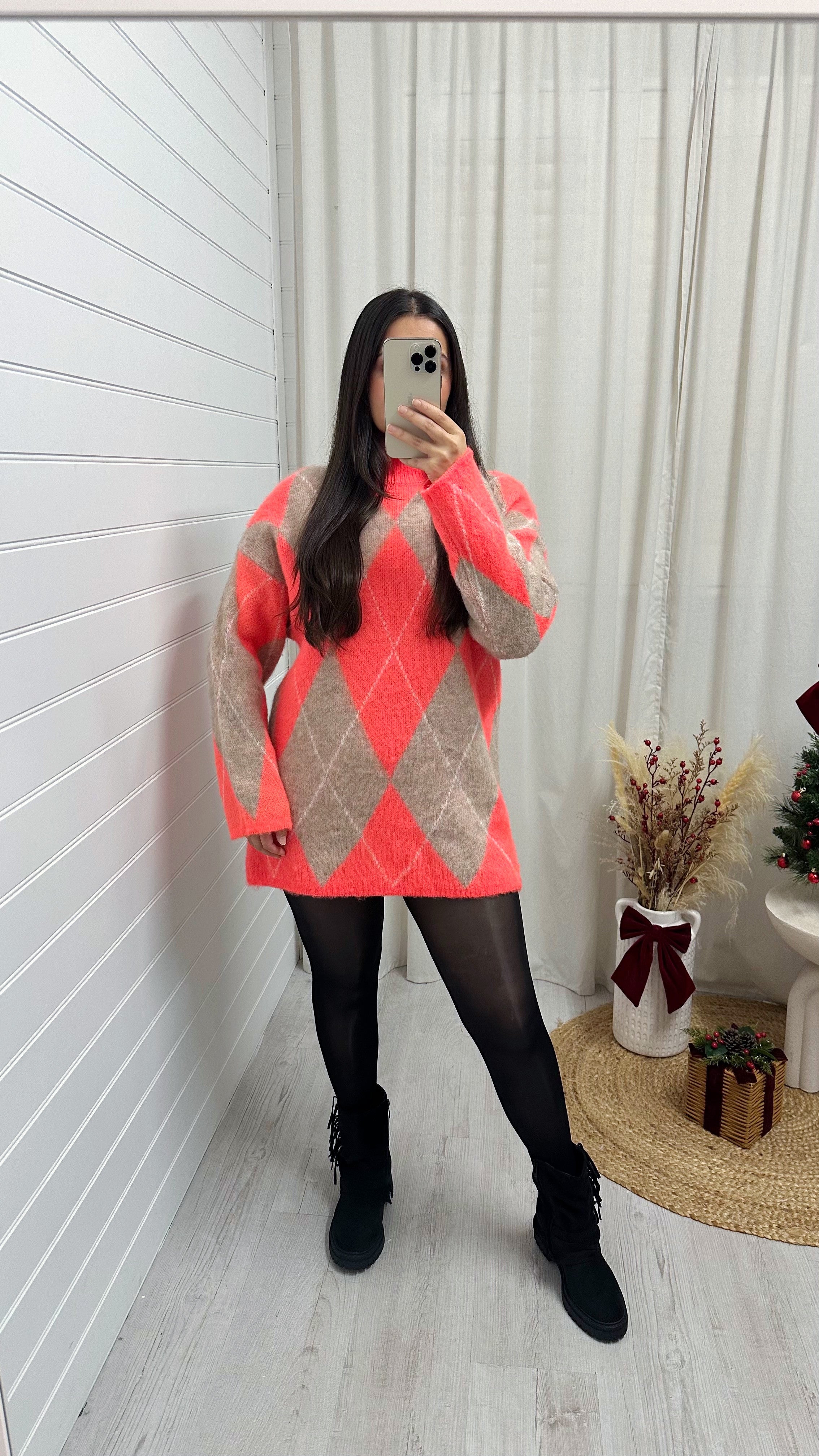 Argyle Woollen Jumper Dress - CORAL