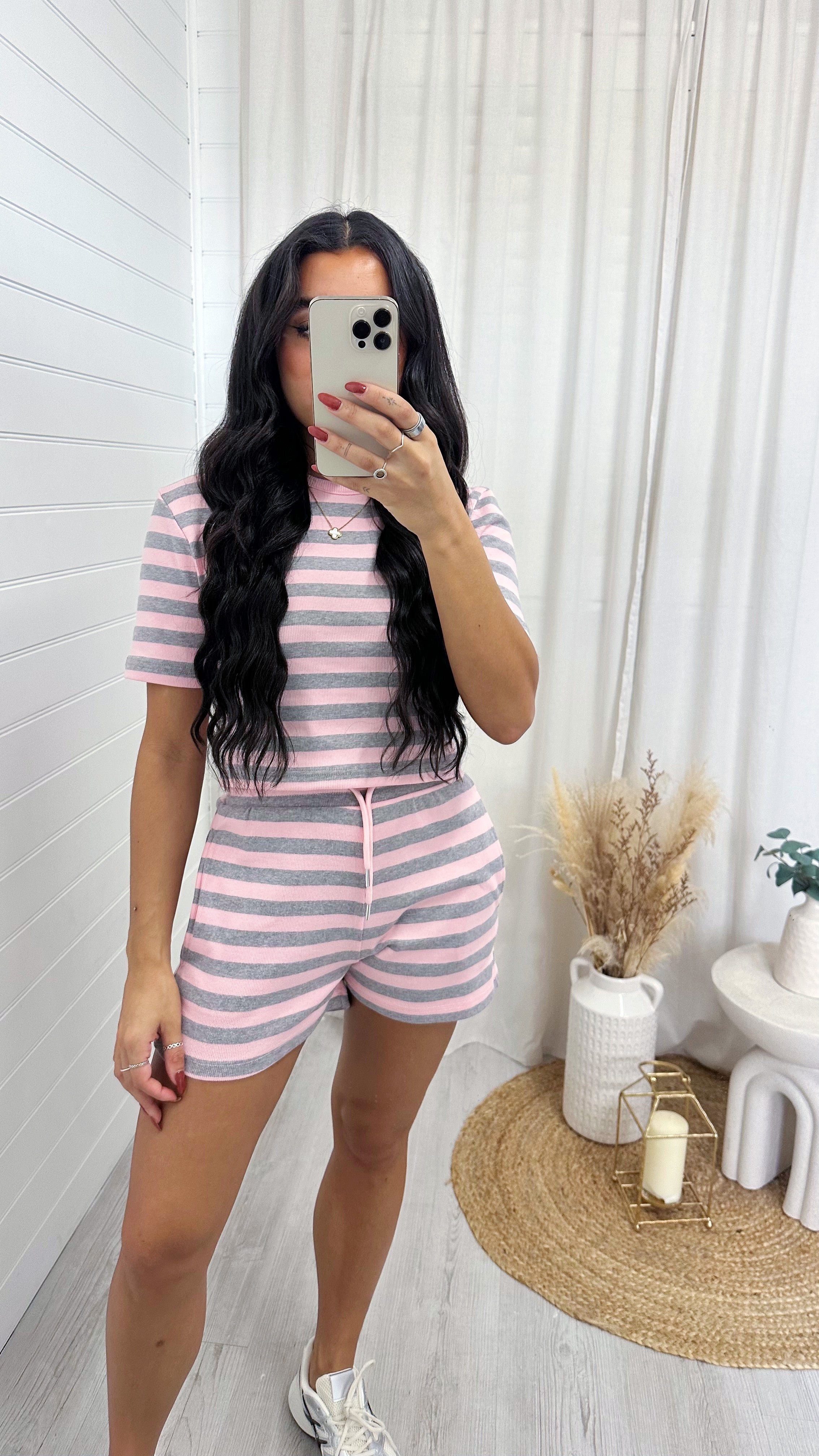 Stripey Rib T-Shirt and Shorts Co-Ord - PINK
