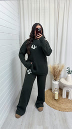 Chunky Ribbed Knit Logo Top and Trouser Co-Ord - KHAKI