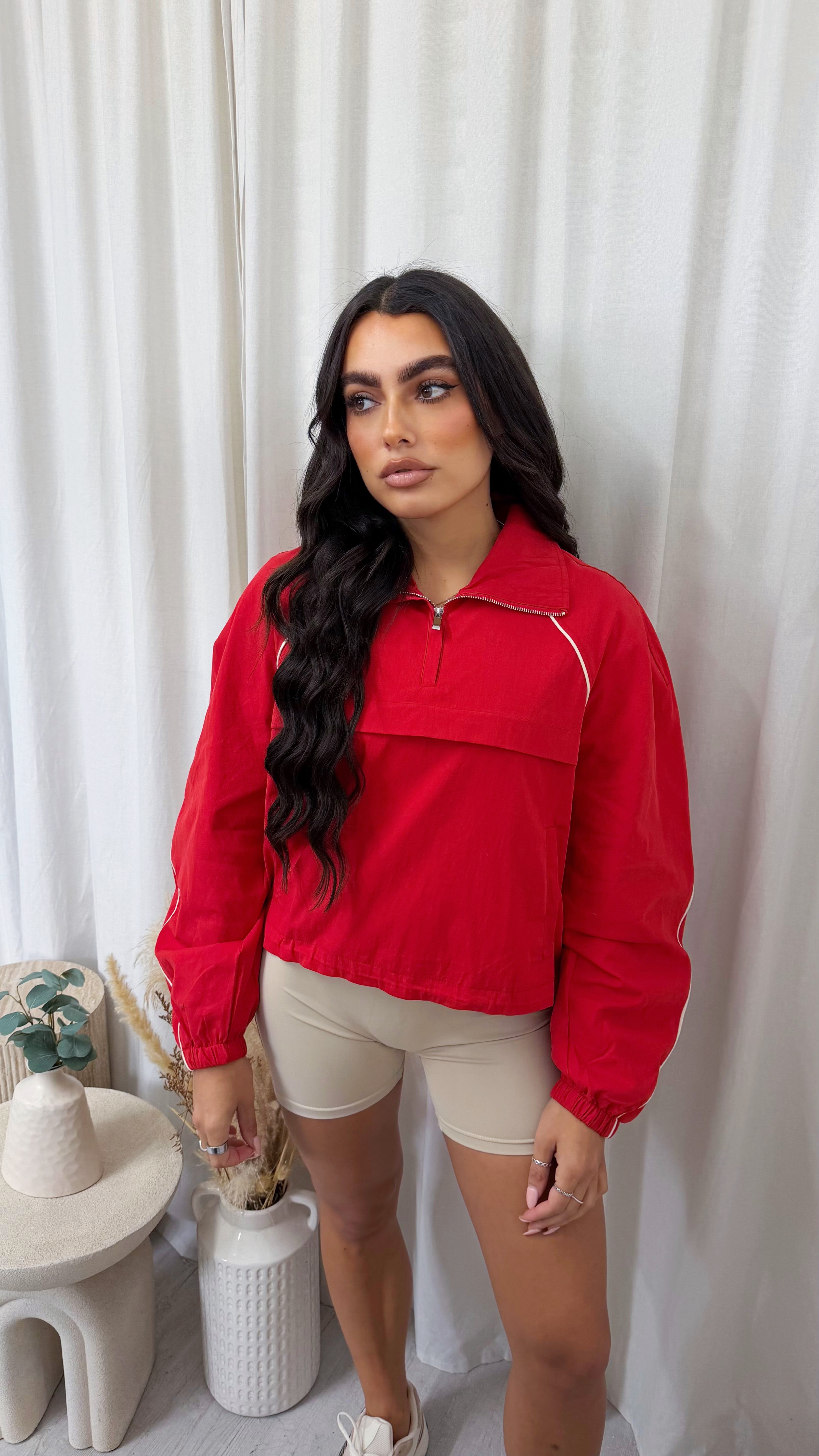 Piped Half Zip Windbreaker - RED