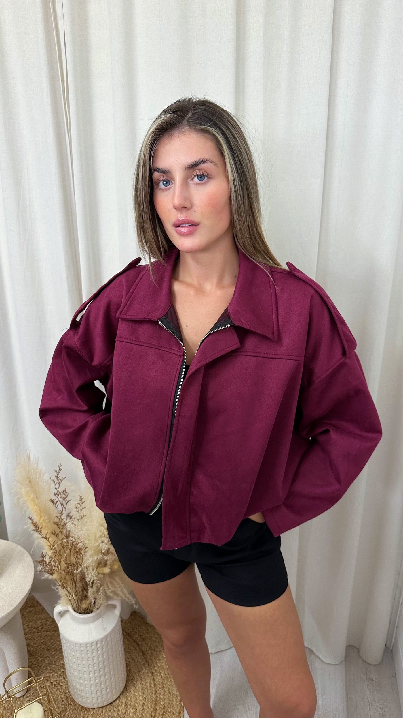 Suede Relaxed Fit Bomber Jacket - WINE