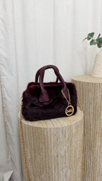 Top Handle Mini Faux Fur Bag - BURGUNDY