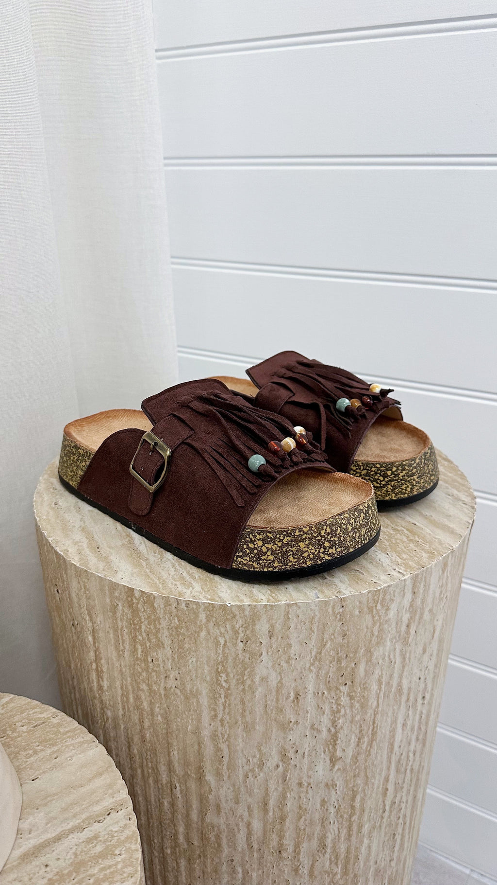 Beaded Suede Fringe Sliders - BROWN