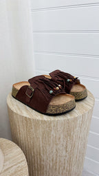Beaded Suede Fringe Sliders - BROWN