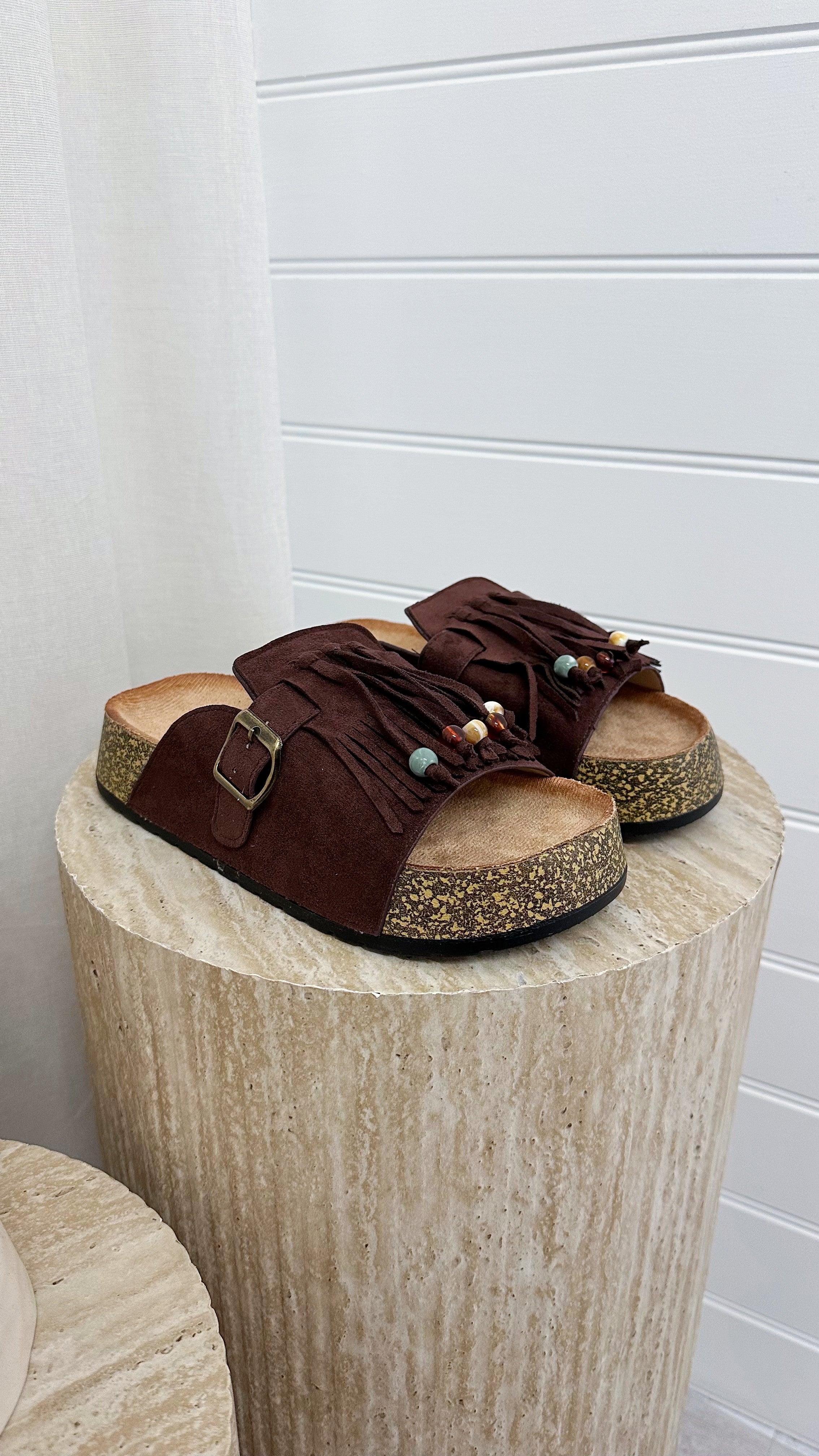 Beaded Suede Fringe Sliders - BROWN