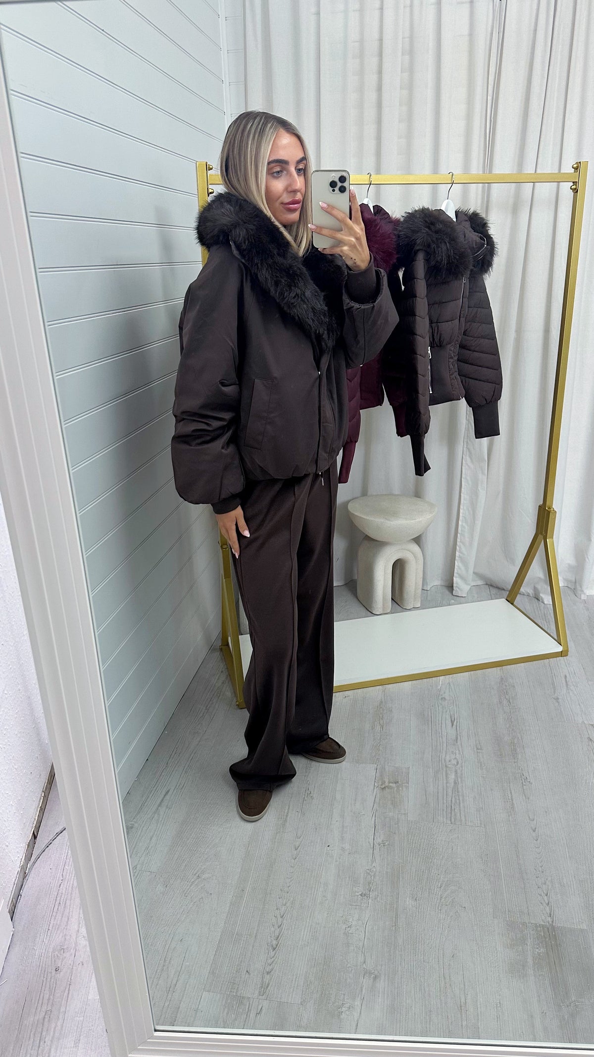Faux Fur Trim Puffer Coat - BROWN