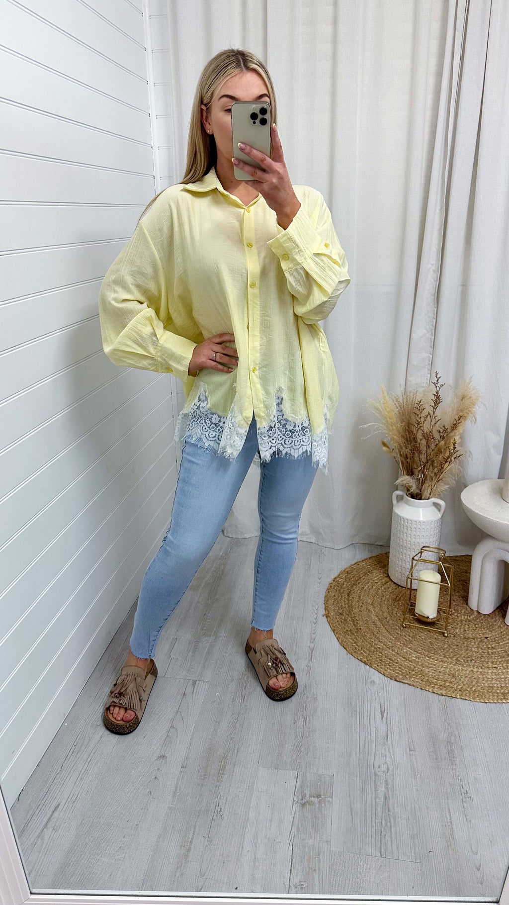Lace Hem Crinke Shirt - LEMON