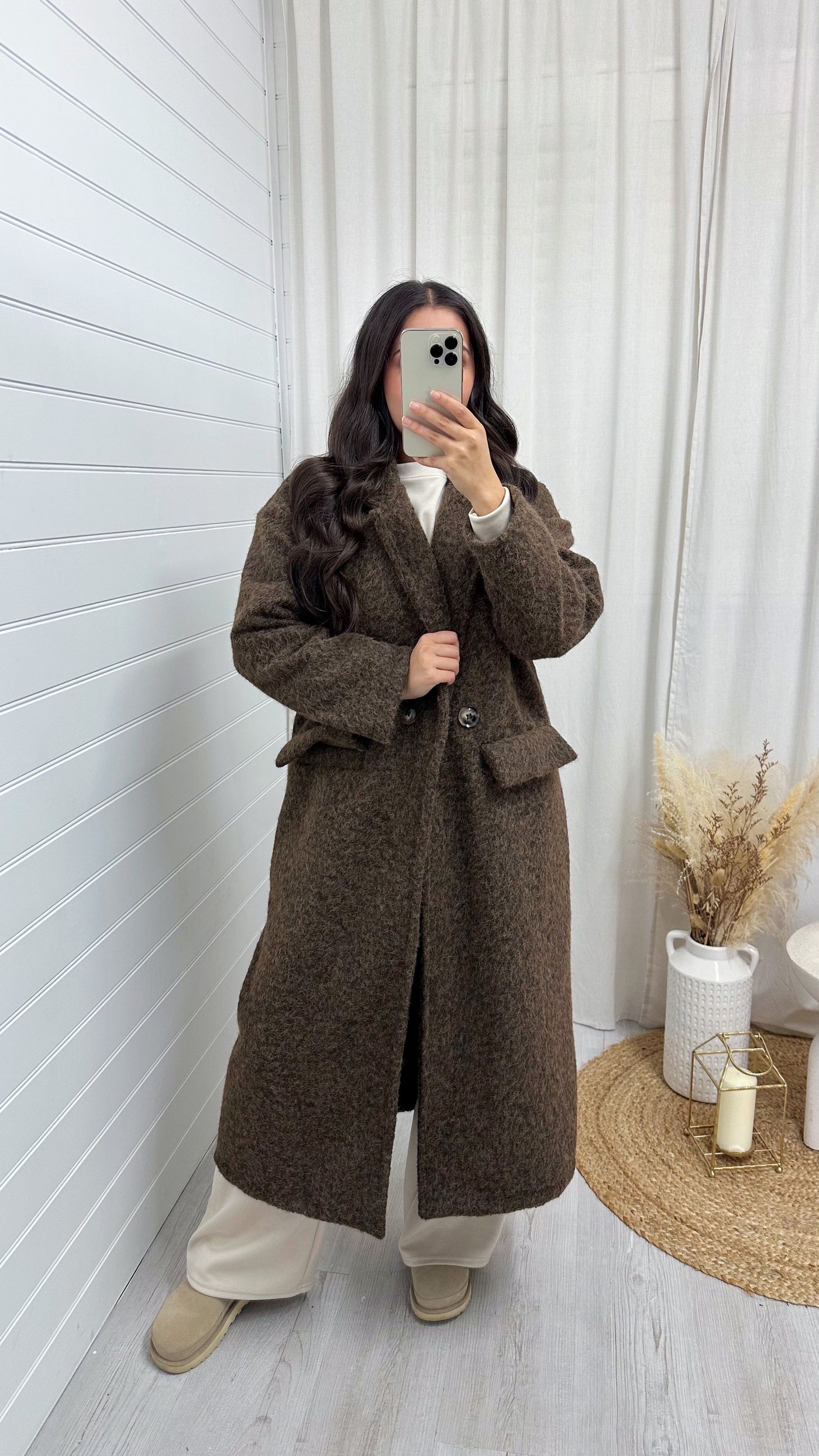 Soft Mohair Duster Coat - BROWN