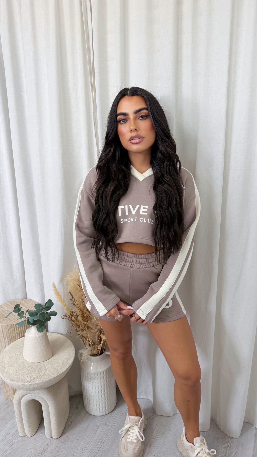 Racer Graphic Crop Sweatshirt and Shorts Co-Ord - MOCHA