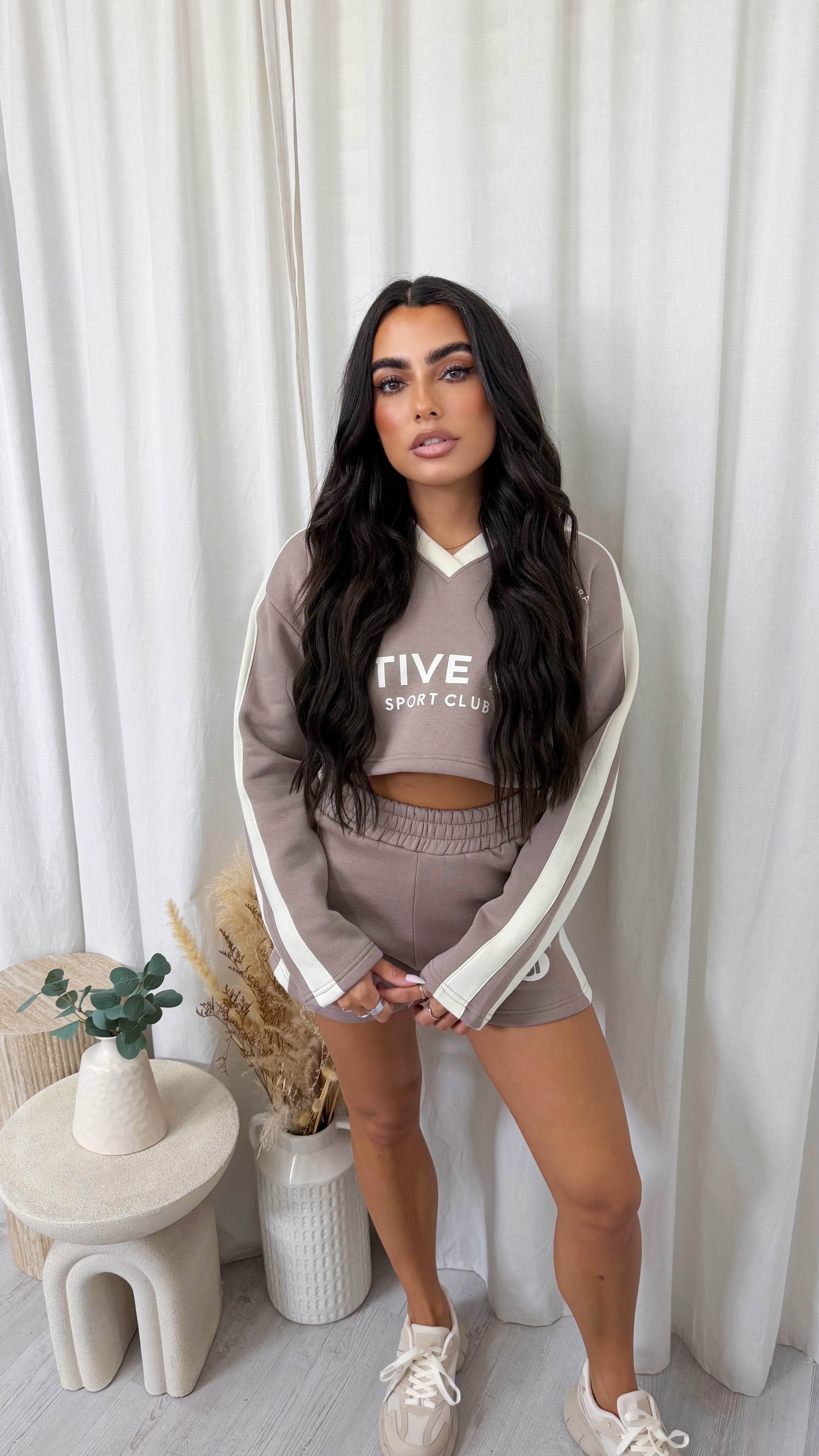 Racer Graphic Crop Sweatshirt and Shorts Co-Ord - MOCHA