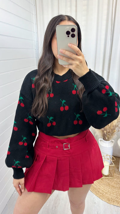 Cropped Knit Cherries Jumper - BLACK