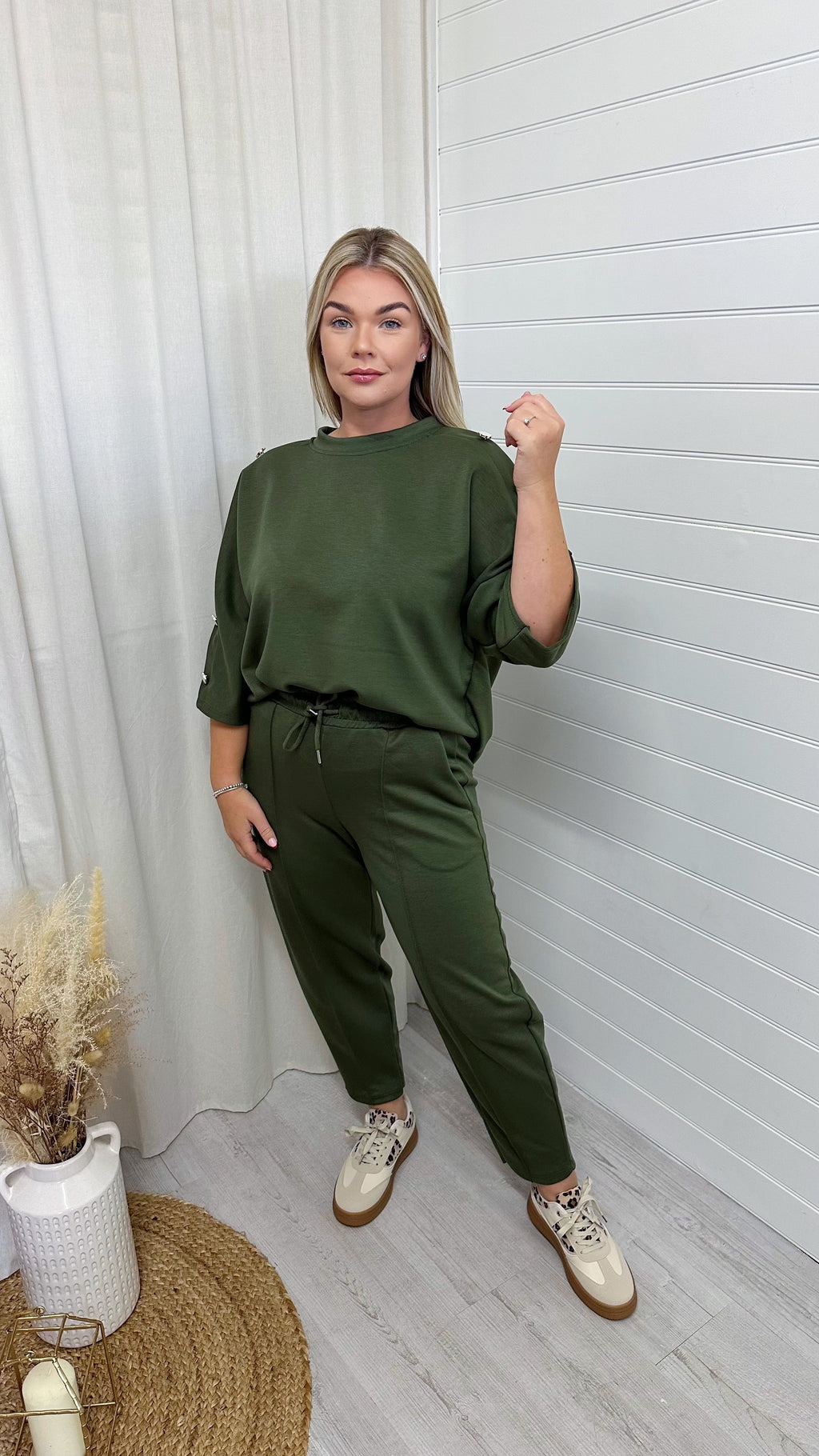 Button Shoulder Top and Barrel Fit Joggers Co-Ord - KHAKI