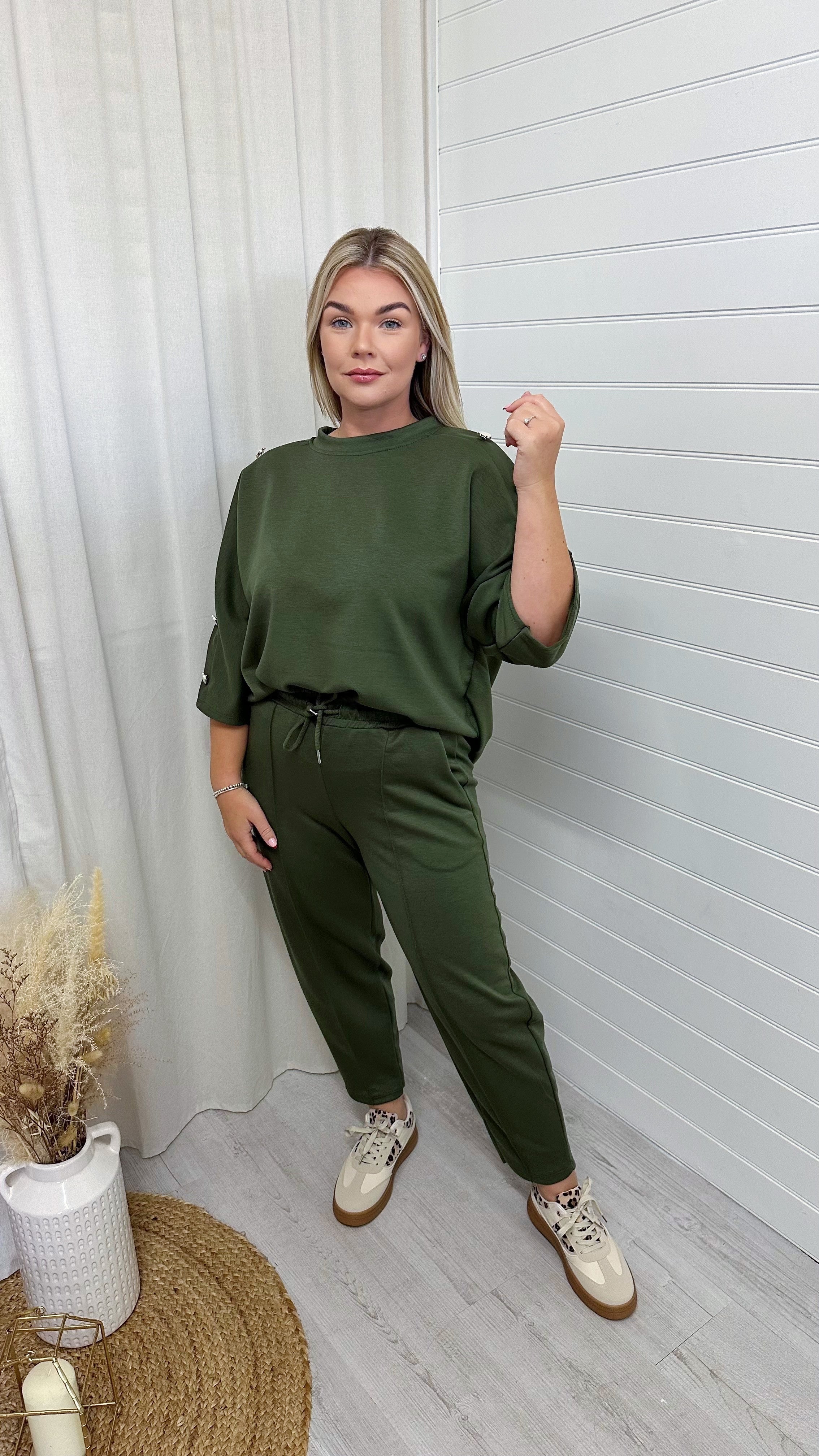 Button Shoulder Top and Barrel Fit Joggers Co-Ord - KHAKI