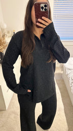 Textured Shimmer V Neck Top and Trousers Co-Ord - BLACK