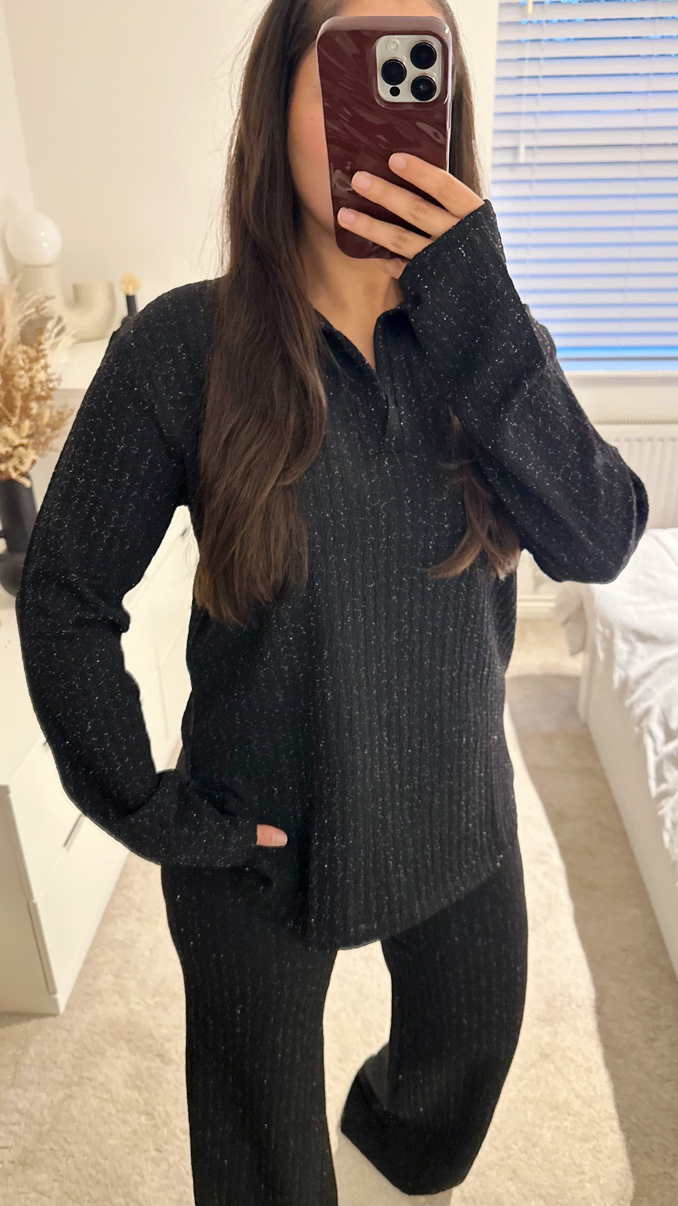 Textured Shimmer V Neck Top and Trousers Co-Ord - BLACK