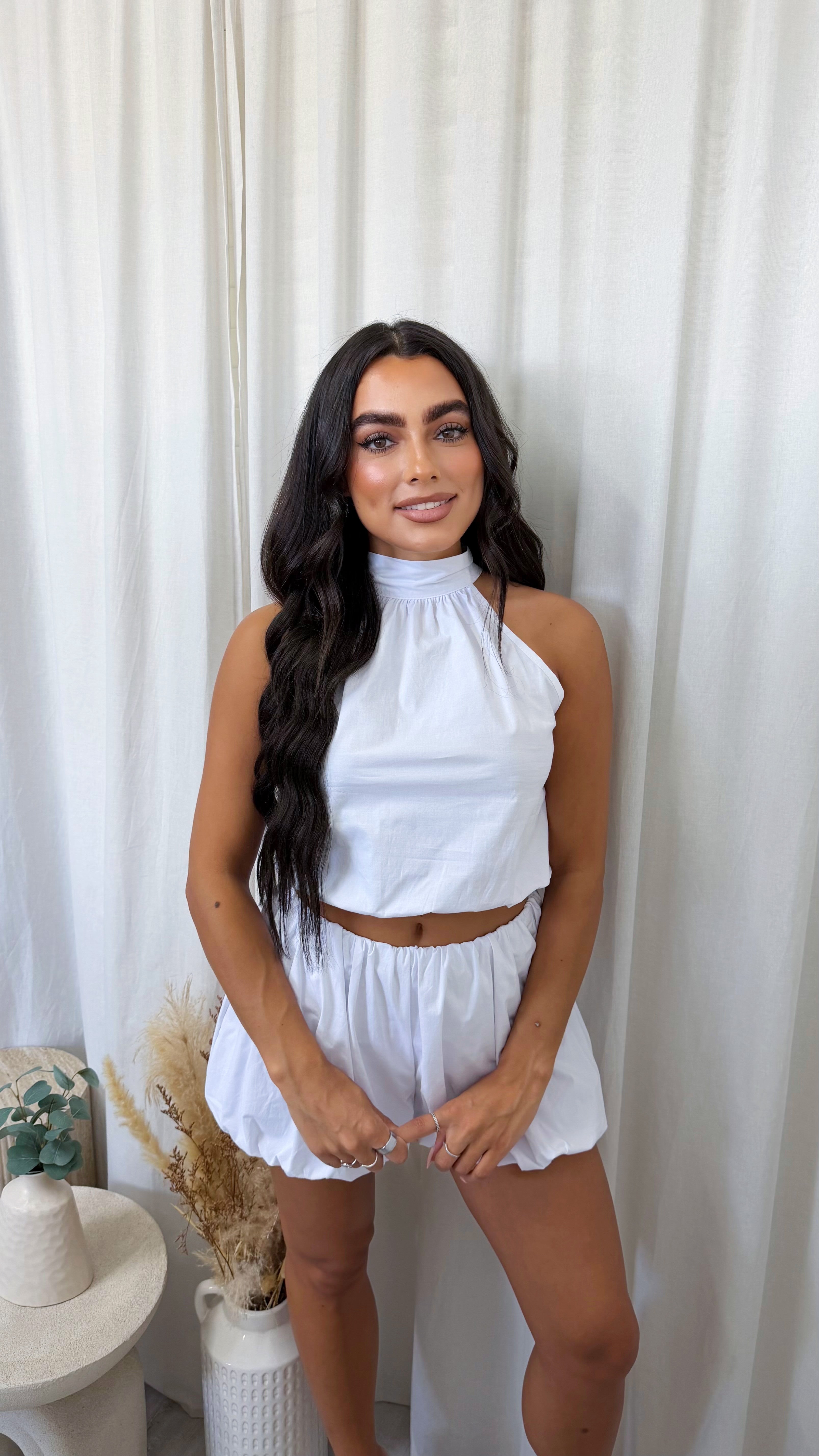 Puff Ball Halter Neck Top and Shorts Co-Ord - WHITE