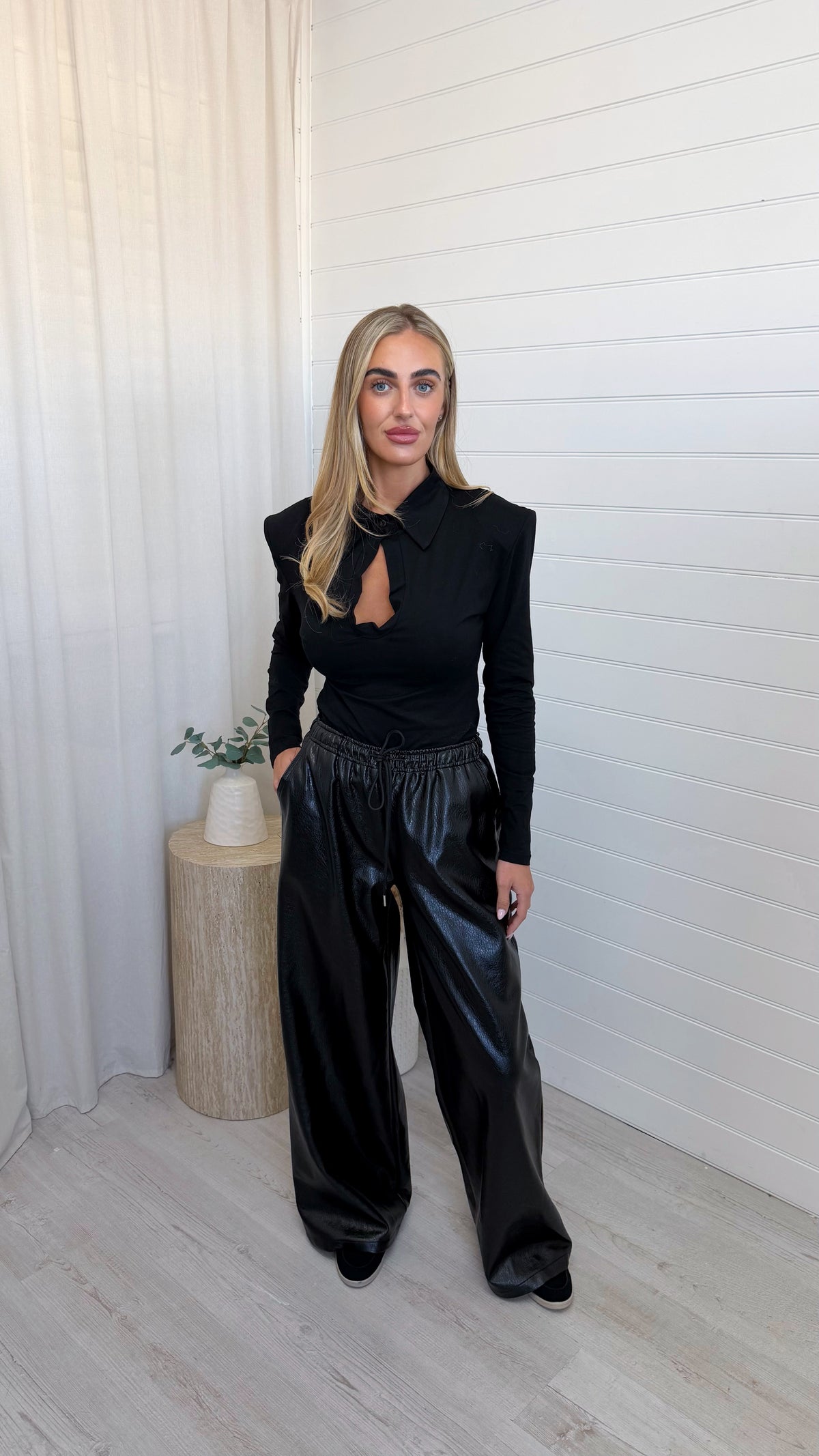 Wide Leg Faux Leather Joggers - BLACK
