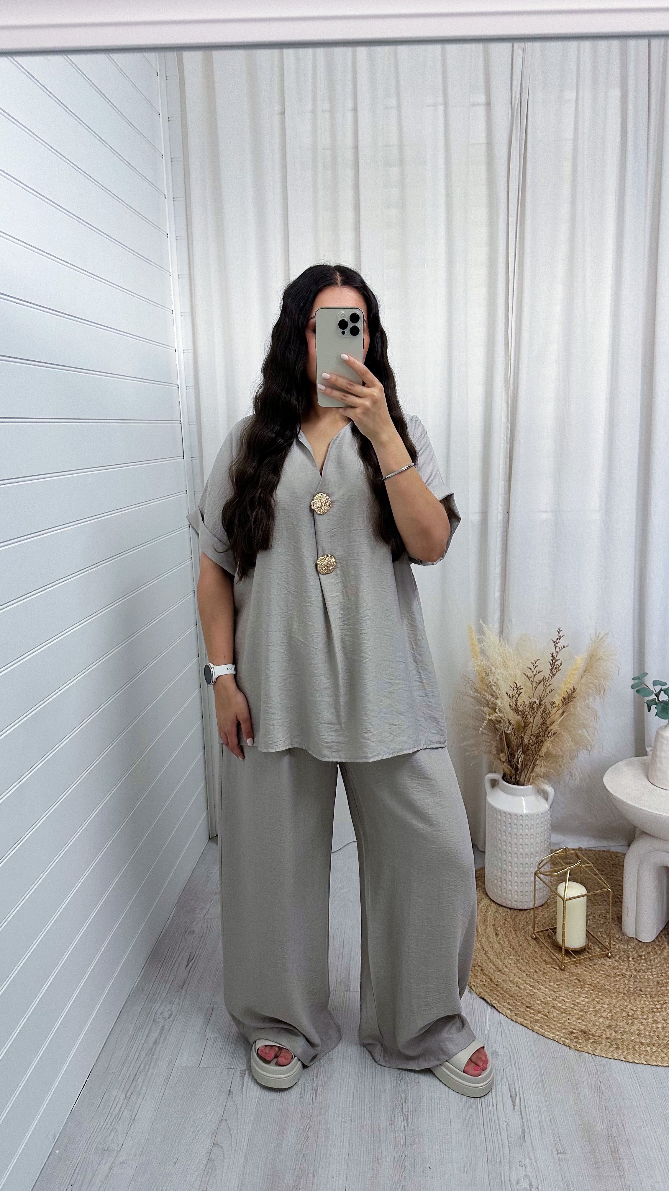 Gold Button V Neck Top and Wide Leg Trousers Co-Ord - DOVE GREY