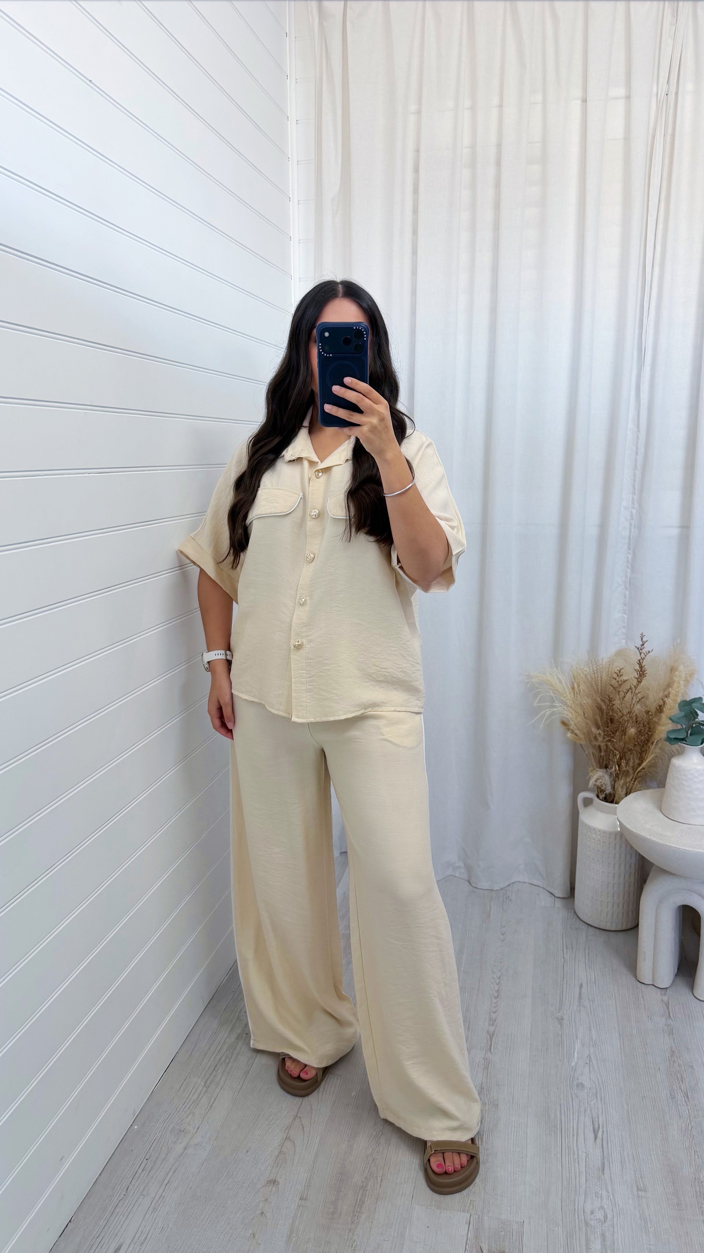 White Piped Shirt and Trousers Co-Ord - BEIGE