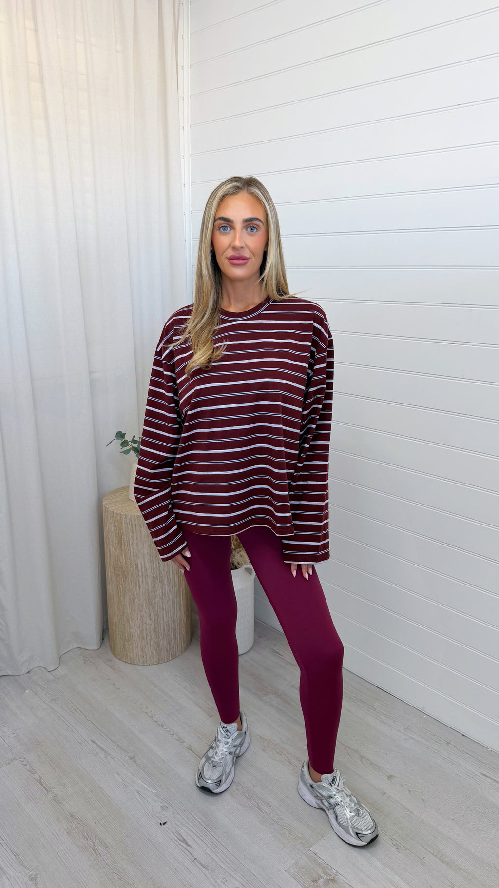 Relaxed Long Sleeve Stripe T-Shirt - BURGUNDY/PINK