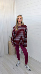 Relaxed Long Sleeve Stripe T-Shirt - BURGUNDY/PINK