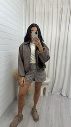 Faux Leather Bomber Jacket - TAUPE