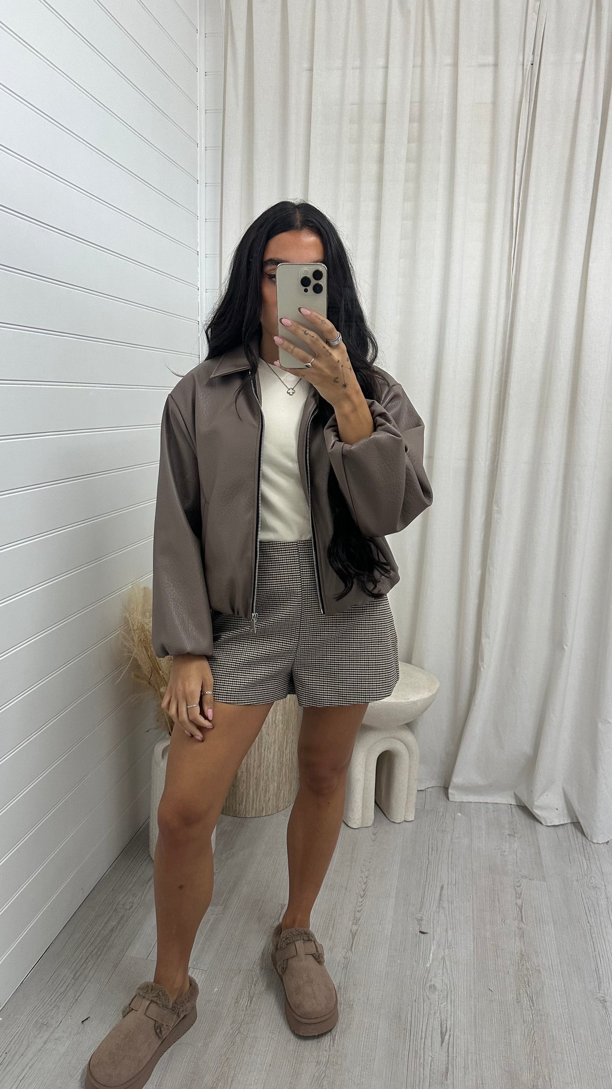 Faux Leather Bomber Jacket - TAUPE