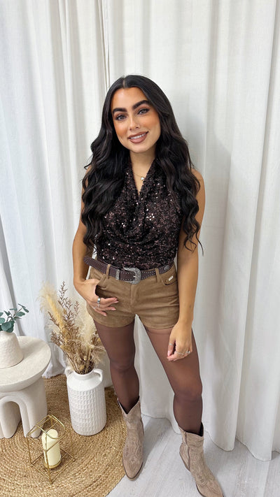 Halter Neck Sequin Embellished Top - BROWN