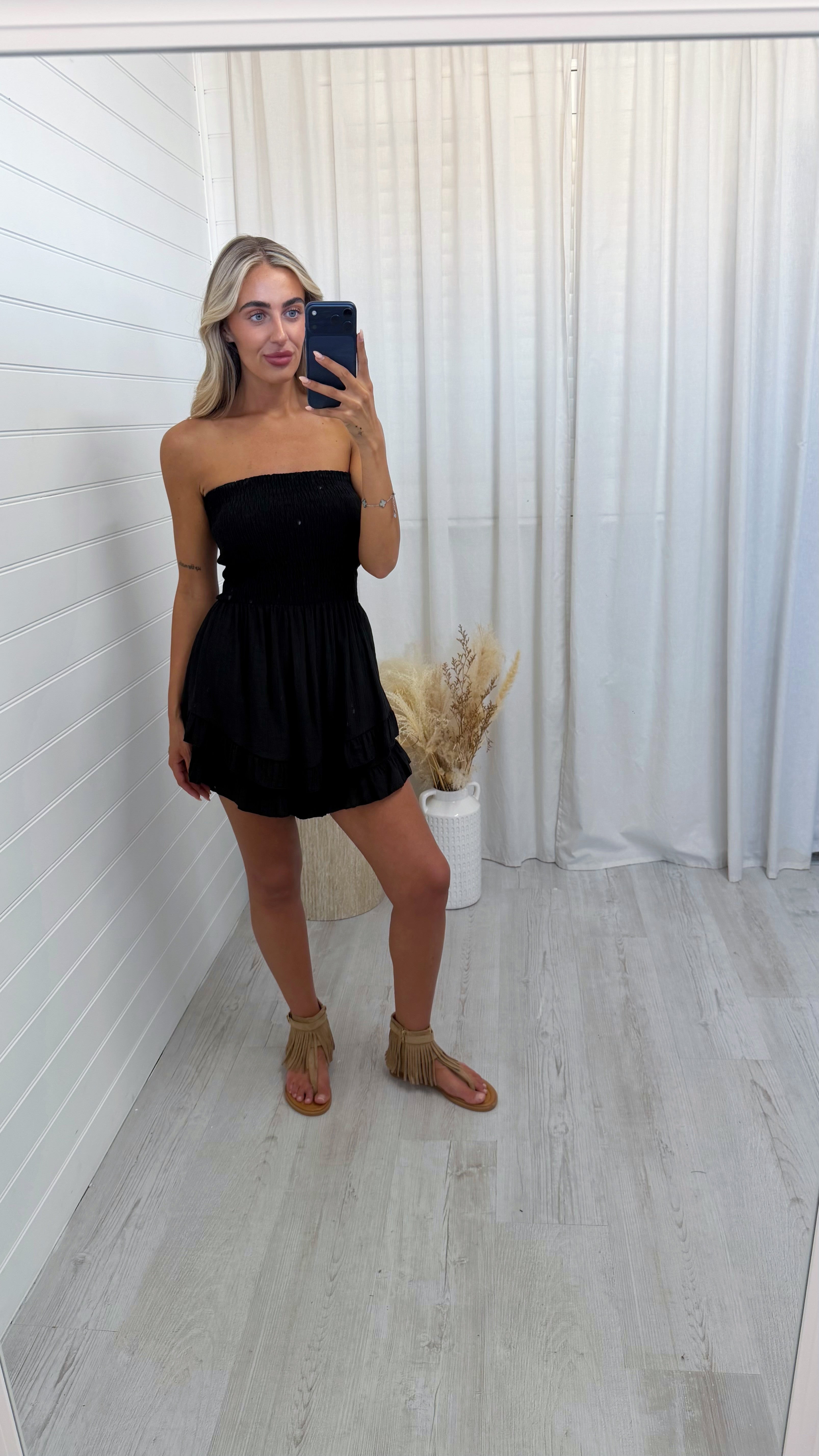 Shirred Bardot Frill Playsuit - BLACK