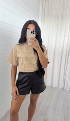 Button Front T-Shirt - BEIGE