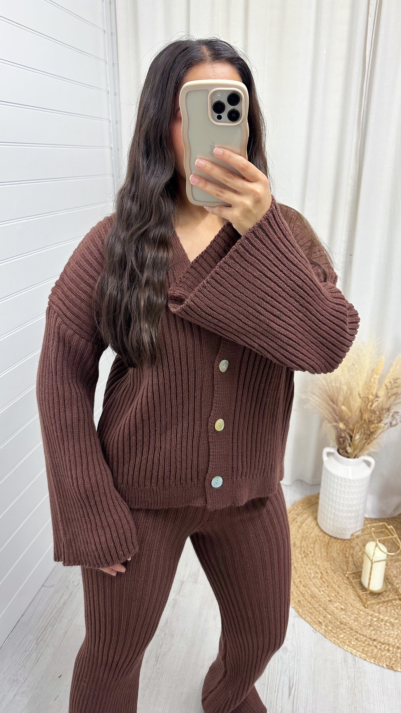 Chunky Knit Cardigan and Flares Co-Ord - BROWN