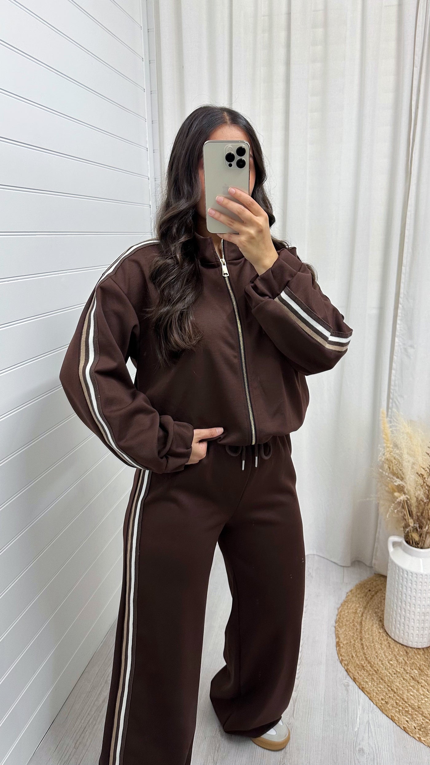 Side Stripe Bomber Jacket and Wide Leg Joggers Co-Ord - BROWN