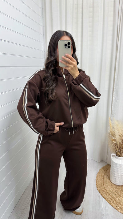 Side Stripe Bomber Jacket and Wide Leg Joggers Co-Ord - BROWN