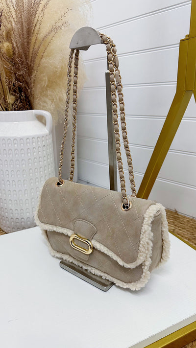 Teddy Fur Trim Cross Body Bag - BEIGE