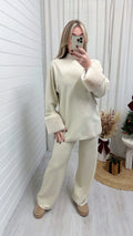 Fur Cuff Knitted Top and Trousers Co-Ord - CREAM