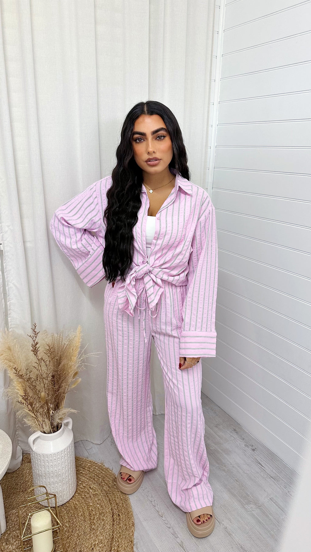 Striped Textured Shirt And Trouser Co-Ord - PINK