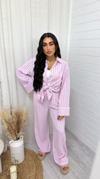 Striped Textured Shirt And Trouser Co-Ord - PINK