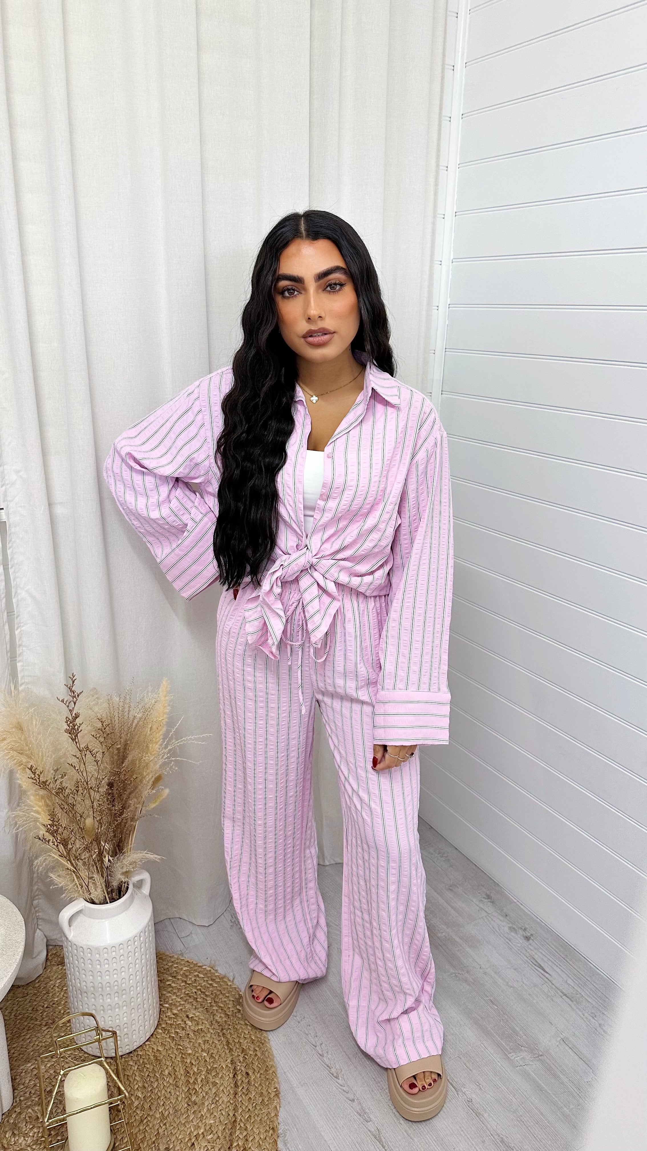 Striped Textured Shirt And Trouser Co-Ord - PINK