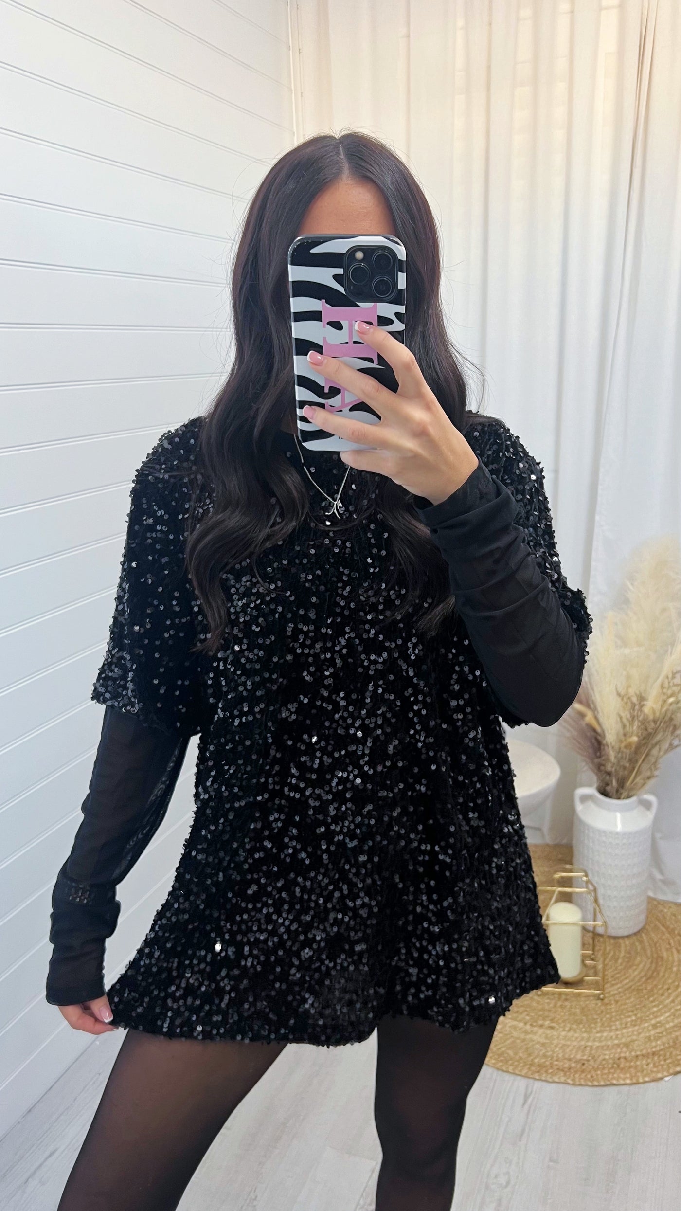 Mesh Sleeve Oversized Sequin T-Shirt - BLACK