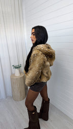 Deer Print Faux Fur Hooded Jacket - CARAMEL