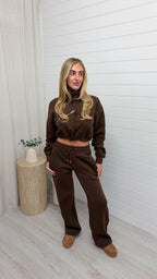 Funnel Neck Crop Jacket and Joggers Tracksuit - BROWN