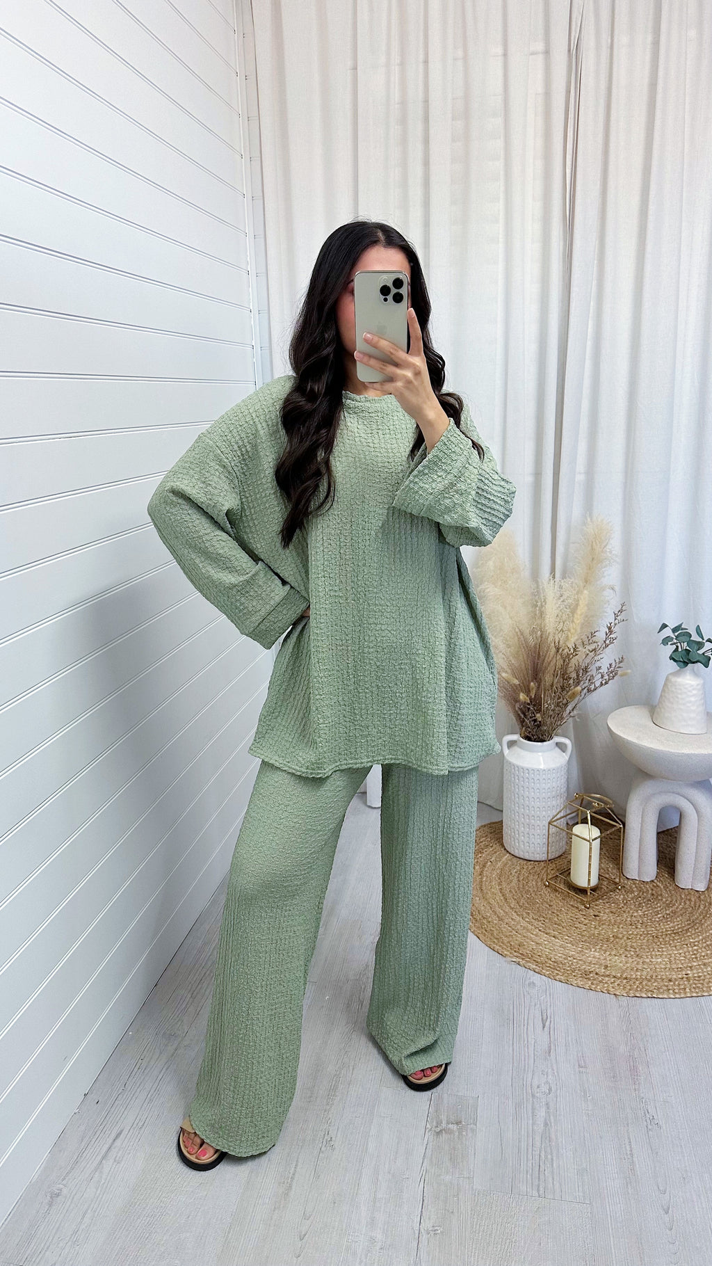 Loose Fit Cheesecloth Long Sleeve Top and Trousers Co-Ord - MINT